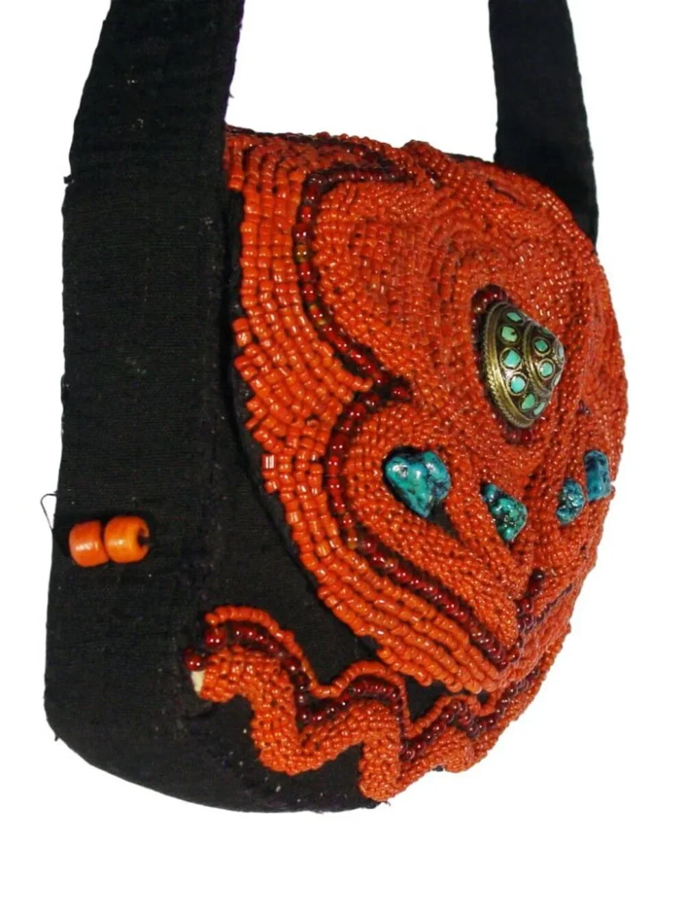 TURQUOISE and CORAL Vintage Handmade Beaded Crossbody Bag - OOAK - Picture 5 of 10